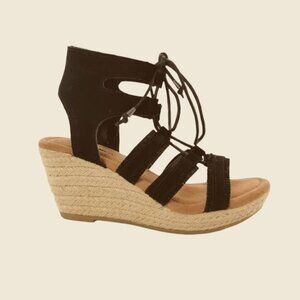 Minnetonka Leighton Black Fringed Suede Lace Up Espadrille Wedge Sandals…